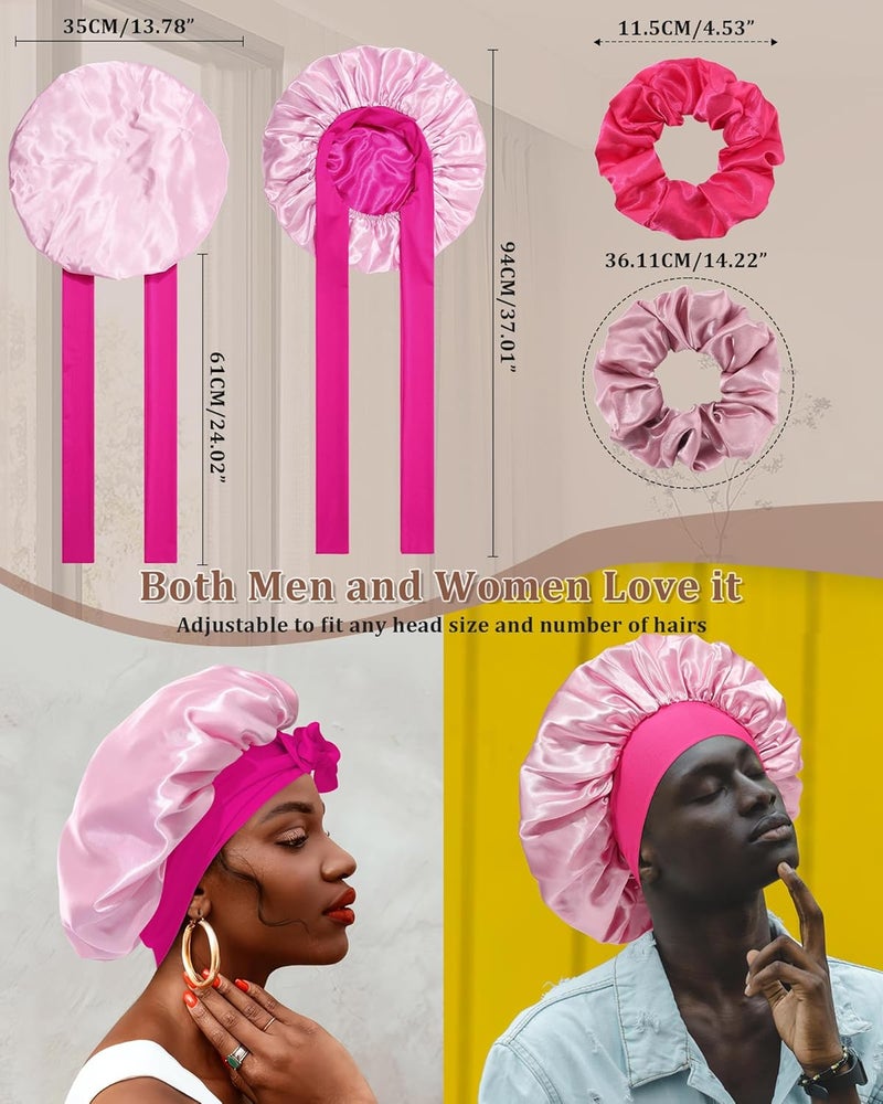 CHLINS Reversible Satin Bonnet for Sleeping Women Double Layer Hair Bonnet with 2PCS Hair Scrunchies Elastic Tie Band Night Cap - Image 2